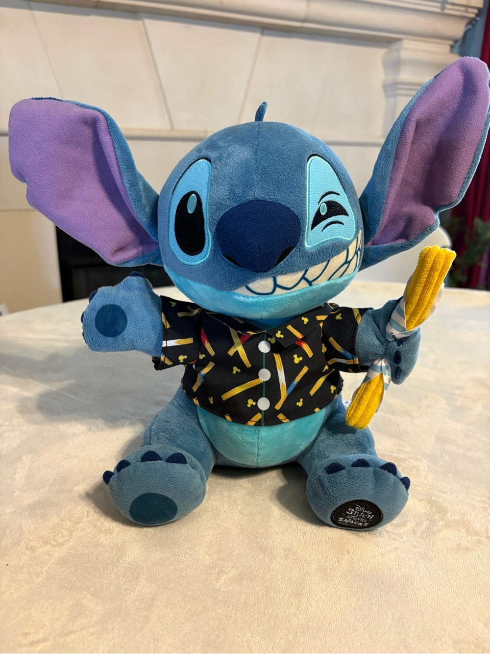 Disney Blue Stitch Plush with Purple Ears and Black Hawaiian Shirt